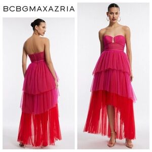 BCBGMazAzria Flora Strapless High-Low Tulle Gown In Raspberry